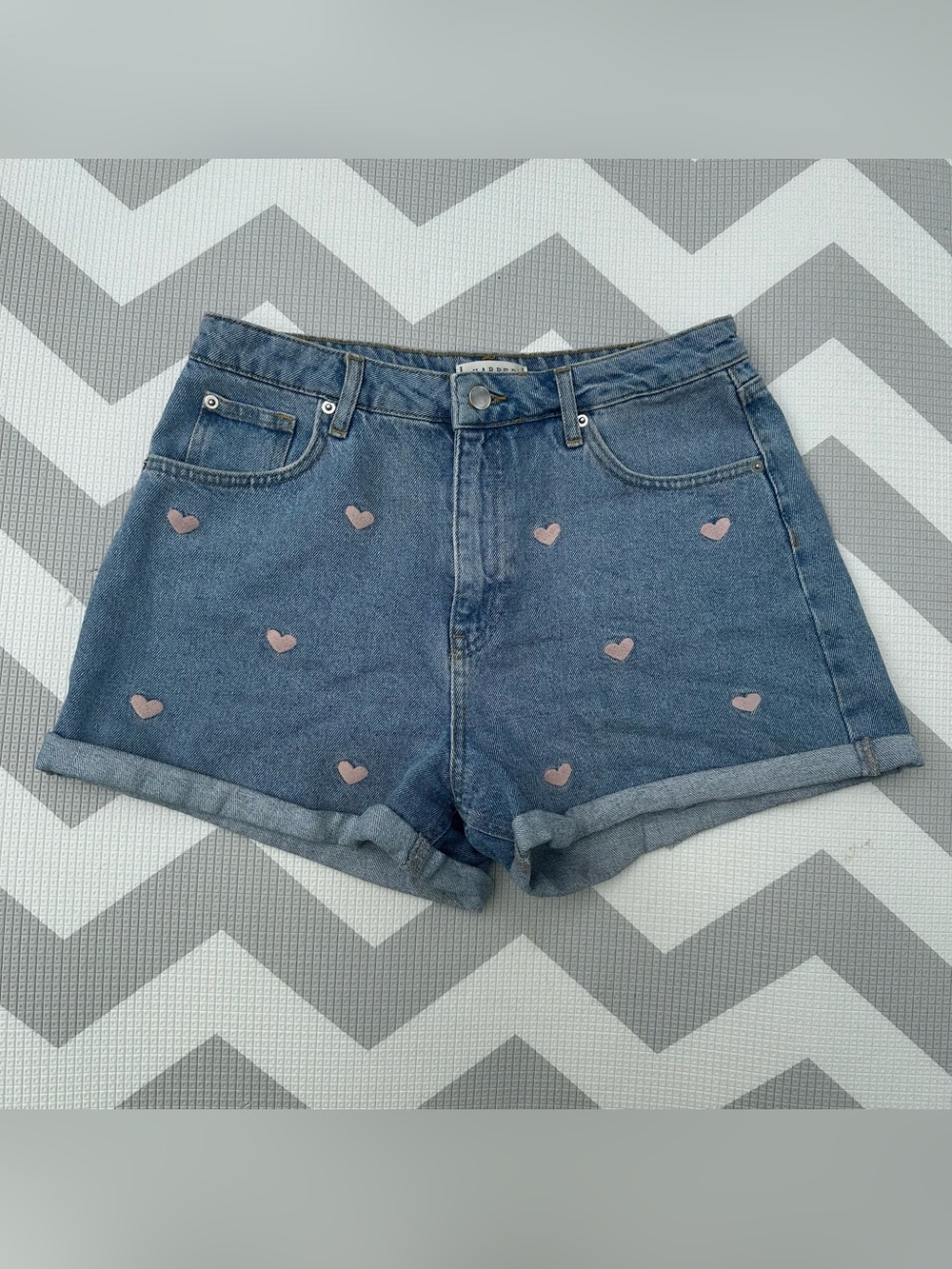 High-Rise Blue Denim Shorts with Pink Heart Details